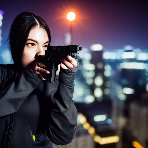 Image similar to photographic portrait of a techwear woman holding a Glock 18, closeup, on the rooftop of a futuristic city at night, sigma 85mm f/1.4, 4k, depth of field, high resolution, 4k, 8k, hd, full color