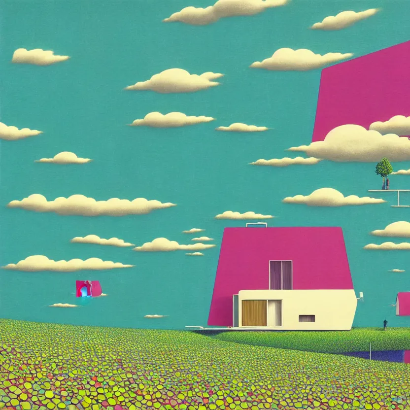 Prompt: house by toyo ito, white sea cloud, summer morning, very coherent and colorful high contrast, art by! gediminas pranckevicius! geof darrow, pastel color, volumetric lighting, cinematic, floralpunk screen printing woodblock, dark shadows, hard lighting, stippling art