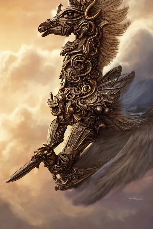 Image similar to A beautiful fierce llama angel with wings, wearing metal battle armor and a flaming sword, among heavenly sunlit clouds, close-up, intricate anthro llama portrait, elegant, digital painting, golden hour photo, cinematic, trending on artstation, anthro concept art, smooth, sharp focus, llama, illustration, art by artgerm and Greg Rutkowski and Alphonse Mucha, daily deviation, llama