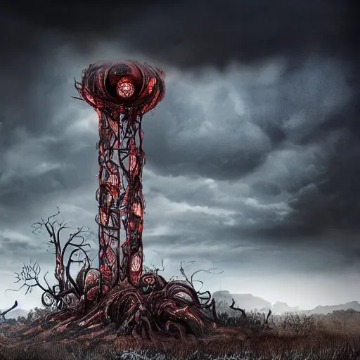 Image similar to giant evil bio-organic fleshy complex machine tower with tendrils and one eyeball at the top looking over a stormy post-apocalyptic wasteland, dystopian art