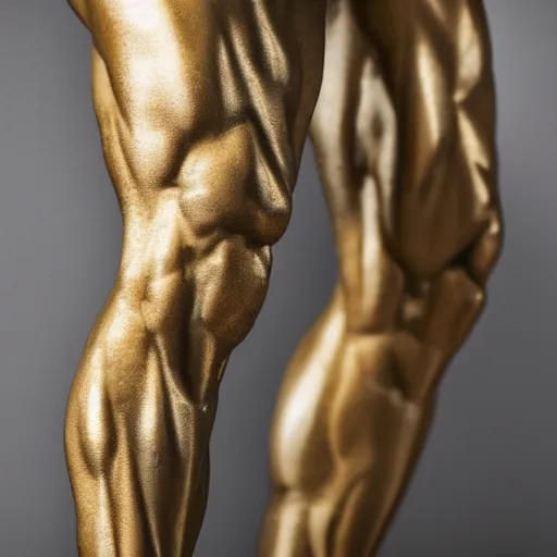 Image similar to stunning close up photograph of marble sculpture of strong masculine man's legs made of marble set on fine gold base, masculine texture background, 40mm lens, shallow depth of field, split lighting