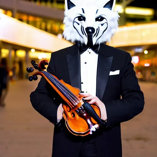 Image similar to a man in a tux wearing a white wolf mask playing the violin at a dirty metro station, unnerving, creepy, terrifying, dark, at night