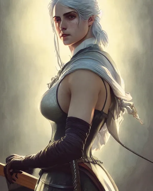 Prompt: Pre-Raphaelite Ciri from Witcher 3 by Artgerm and Greg Rutkowski, sharp focus, full body, intricate, elegant, highly detailed, digital painting, pale