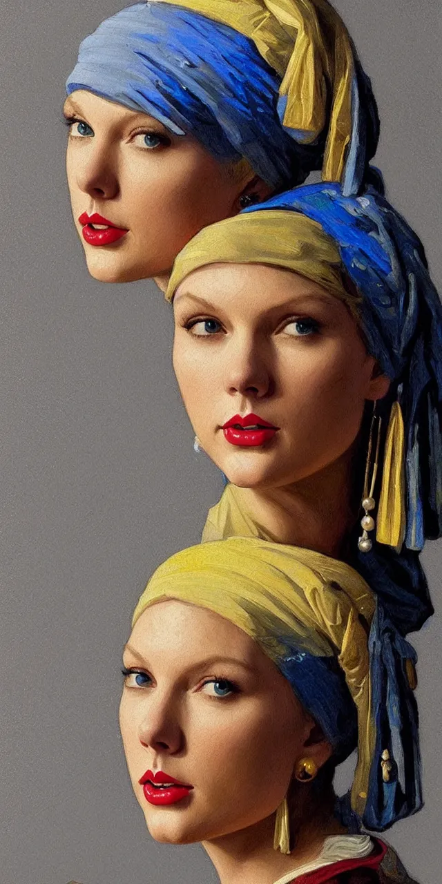 Image similar to Taylor Swift as the girl with the pearl earring, highly detailed, digital painting, artstation, concept art, smooth, sharp focus, illustration, ArtStation, art by artgerm and greg rutkowski and alphonse mucha and J. C. Leyendecker and Edmund Blair Leighton and Katsuhiro Otomo and Geof Darrow and Phil hale and Ashley wood and Ilya repin and Charlie Bowater