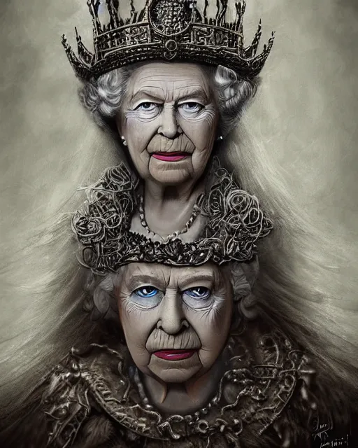 Prompt: Queen Elisabeth II as a hag witch, highly detailed face, realistic face, beautiful detailed eyes, fantasy art, illustration, epic, fantasy, intricate, hyper detailed, artstation, concept art, smooth, sharp focus, by jerad s marantz