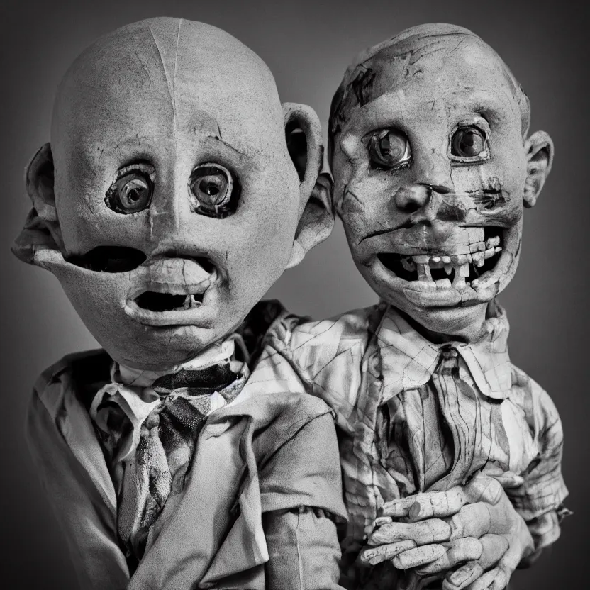 Image similar to creepy ventriloquist dummy in the style of roger ballen, 4 k, bw, portrait