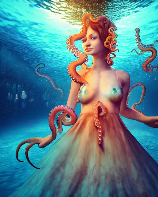 Image similar to a beautiful girl underwater wearing an octopus dress surrounded by glowing jellyfish, 8 k realistic, hyperdetailed, beautiful lighting, detailed background, depth of field, symmetrical face, frostbite 3 engine, cryengine