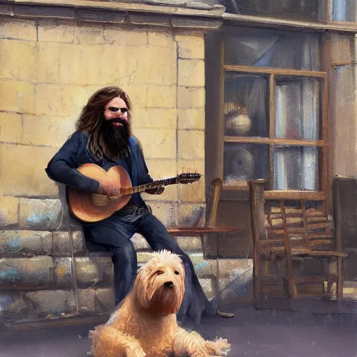 Image similar to oil painting of a young man with long hair blond and a beard hippie style with his golden retrever dog playing guitar in the square for money, people watching around, by greg rutkowski, artstation