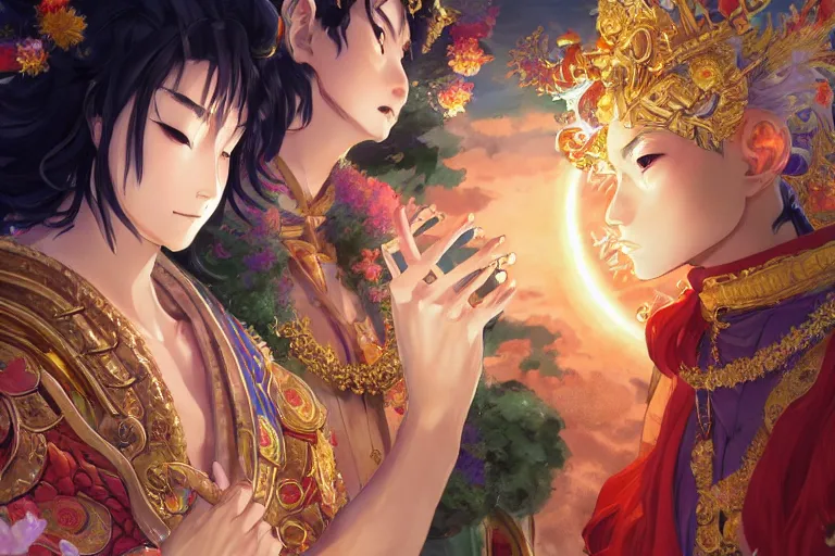 Image similar to close up moment of a divine a japan sun god and a moon goddess lovers magician at a wedding banquet, highly detailed, d & d, fantasy, 4 k realistic, digital painting, trending on artstation, concept art, sharp focus, illustration, art by makoto shinkai and akihiko yoshida and daniel gerhartz