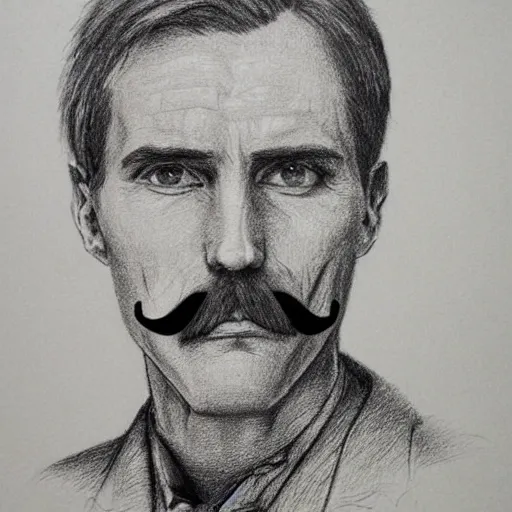 Image similar to A crosshatched portrait drawing of Jerma985 with a pyramidal mustache in the mid-late 1800s, cross haching, crosshatching, mid-late 1800s, grainy, realistic, hyperrealistic, very realistic, highly detailed, very detailed, extremely detailed, detailed, trending on artstation