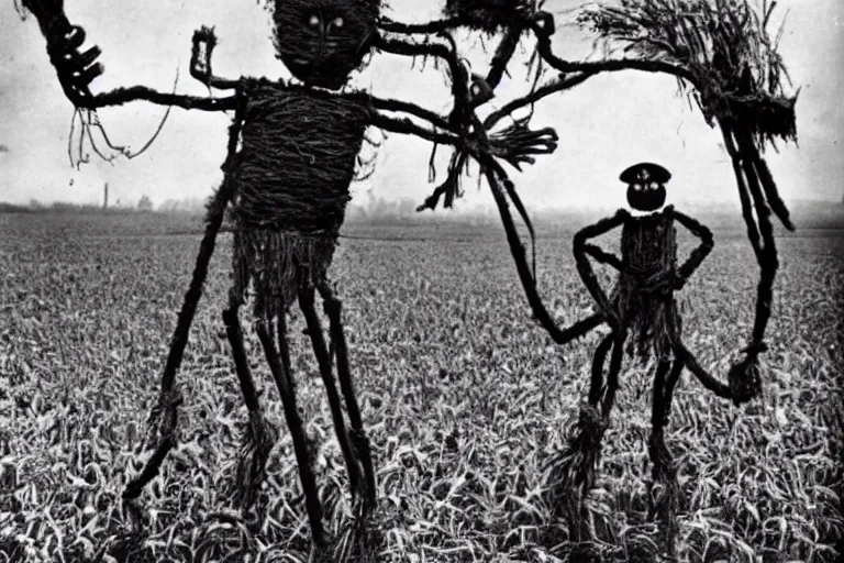 Image similar to horrifying 4 - armed scarecrow from the early 1 9 0 0's burning down the cornfields the cornfields