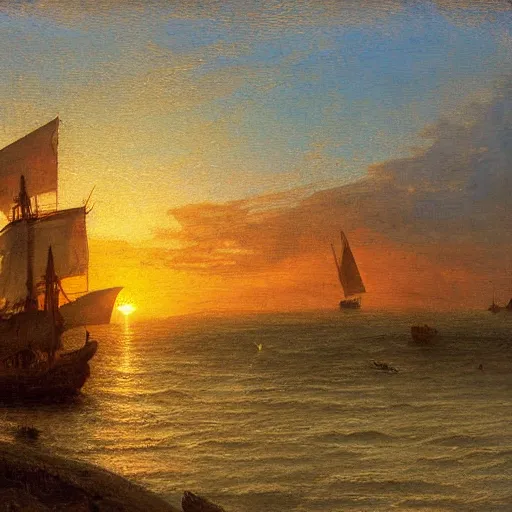 Image similar to medieval ship on the sea, sunset, painting style, achenbach