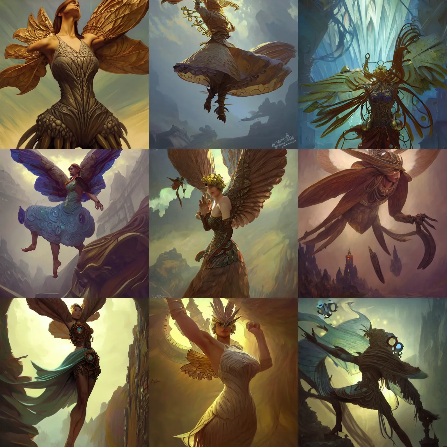 Prompt: concept art, filigre bird golem flying. detailed, elegant high quality, dynamic lighting, kaladesh, steampunk, cogs, fantasy. artwork by artgerm, wlop, alex ross, greg rutknowski, alphonse mucha craig j spearing