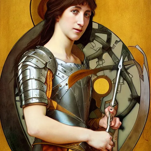 Prompt: portrait of charlotte gainsbourg as joan of arc in armor, hyperreal digital painting, iconography influenced by alphonse mucha and eugene delacroix, arstation and deviantart trends, high resolution 8 k