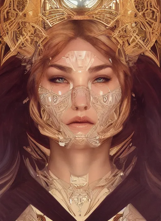 Image similar to symmetry!! kurt russel, machine parts embedded into face, intricate, elegant, highly detailed, digital painting, artstation, concept art, smooth, sharp focus, illustration, art by artgerm and greg rutkowski and alphonse mucha, 8 k