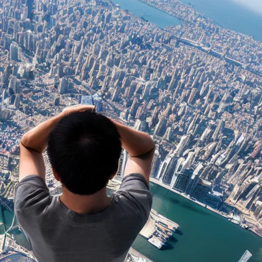 Prompt: Man looking down from the tallest building in the world