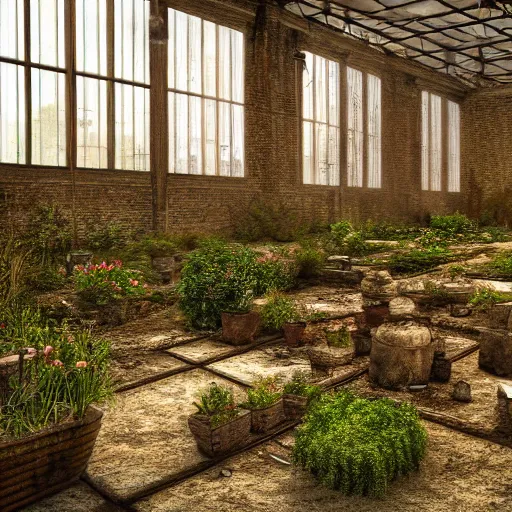 Image similar to a realistic digital painting of a dimly lit stone garden inside an abandoned greenhouse