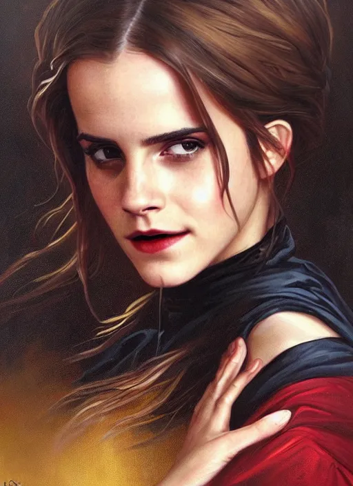 Image similar to oil painting of emma watson giving seductive look wearing black robes with red and gold lining. hogwarts in background beautiful detailed face. by artgerm and greg rutkowski and alphonse mucha