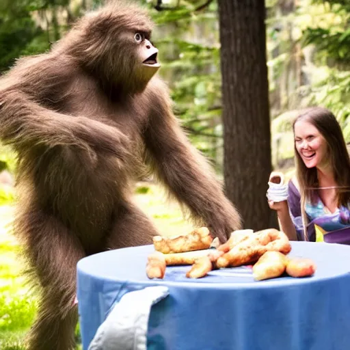 Prompt: Female Sasquatch entertaining friends in a Backyard cookout