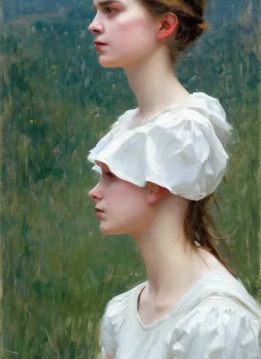 Image similar to portrait of girl dressed in white clothes , countryside, fantasy character portrait, dynamic pose, above view, view from above, sunny day, thunder clouds in the sky, artwork by Jeremy Lipkin and Giuseppe Dangelico Pino and Michael Garmash and rob rey, very coherent symmetrical artwork, perfect face, simple form, 100mm