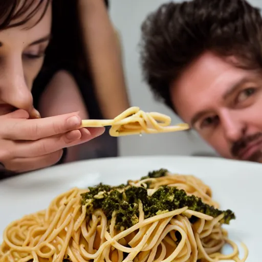 Prompt: photo of mice eating pasta with a cute young adult couple, dynamic lighting