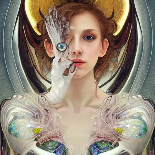 Prompt: a photograpic portrait of a anthropomorphic Macropinna microstoma wearing white clothes, iridescent colors, fantasy, intricate, elegant, highly detailed, digital painting, artstation, concept art, smooth, sharp focus, illustration, art by artgerm and H R Giger and alphonse mucha