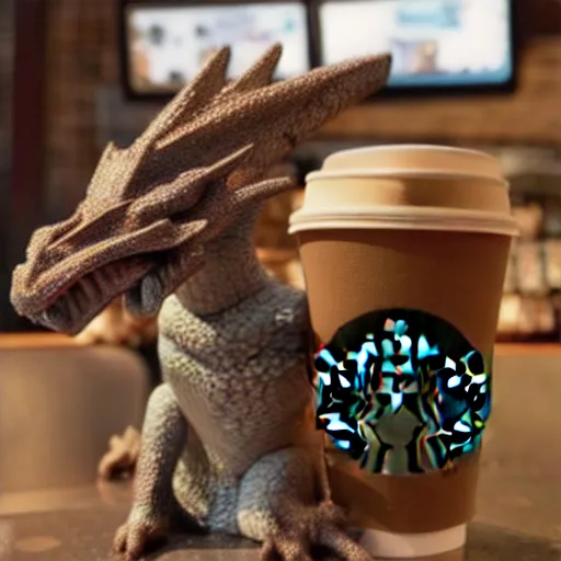 Image similar to a dragon getting coffee at starbucks. realistic high resolution color photo 2 0 2 2