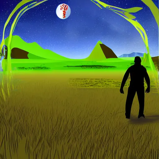 Image similar to digital art of man in space playing disk golf.