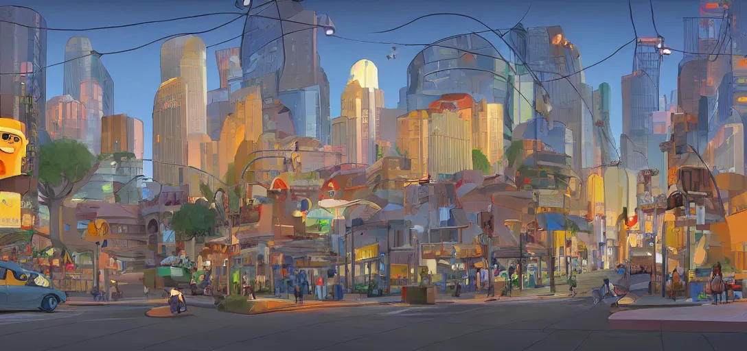 Image similar to futuristic street at a l. a. cityscape, visual development by lou romano, evening at dusk, pixar