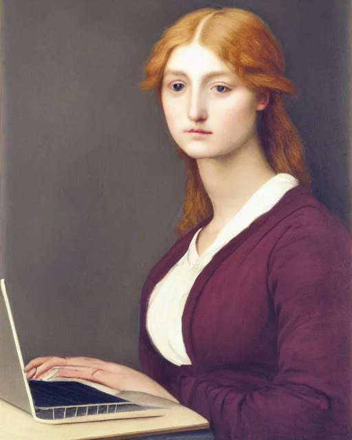 Prompt: Pre-Raphaelite portrait of a young beautiful woman with short blond hair, wearing a hoodie, holding a macbook