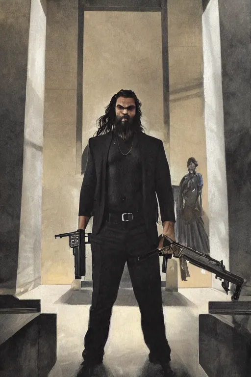 Prompt: jason momoa in dark suit holding AK-47, standing in lobby of office building, dramatic backlighting, autochrome, high contrast, highly detailed, sharp focus, digital painting, concept art, illustration, filmpunk , trending on artstation, art by greg rutkowski and greg hildebrandt, composition by alphonse mucha