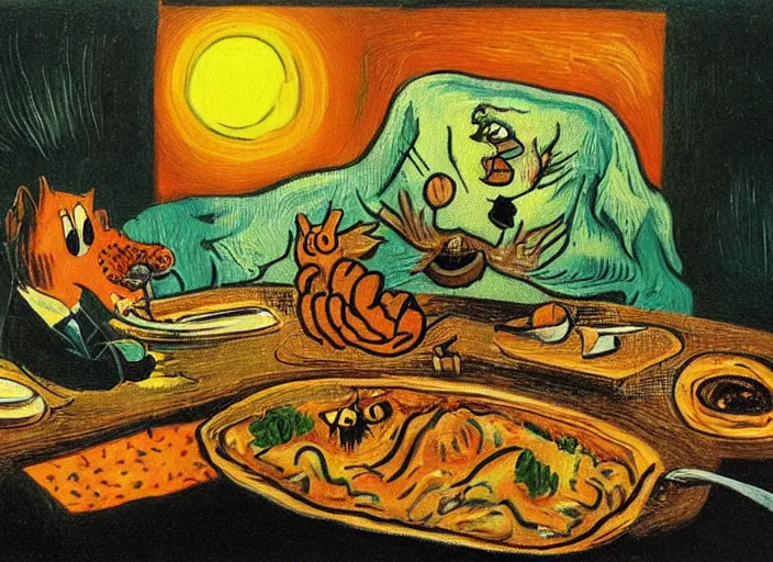 Prompt: surrealist painting of garfield eating lasagna at dusk, in the style of vincent van gogh and salvador dali and wayne barlowe