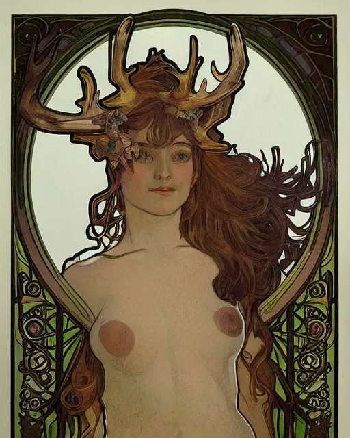 Image similar to an art nouveau painting of a deer with antlers, highly detailed, intricate, artstation, by alphonse mucha and james gurney