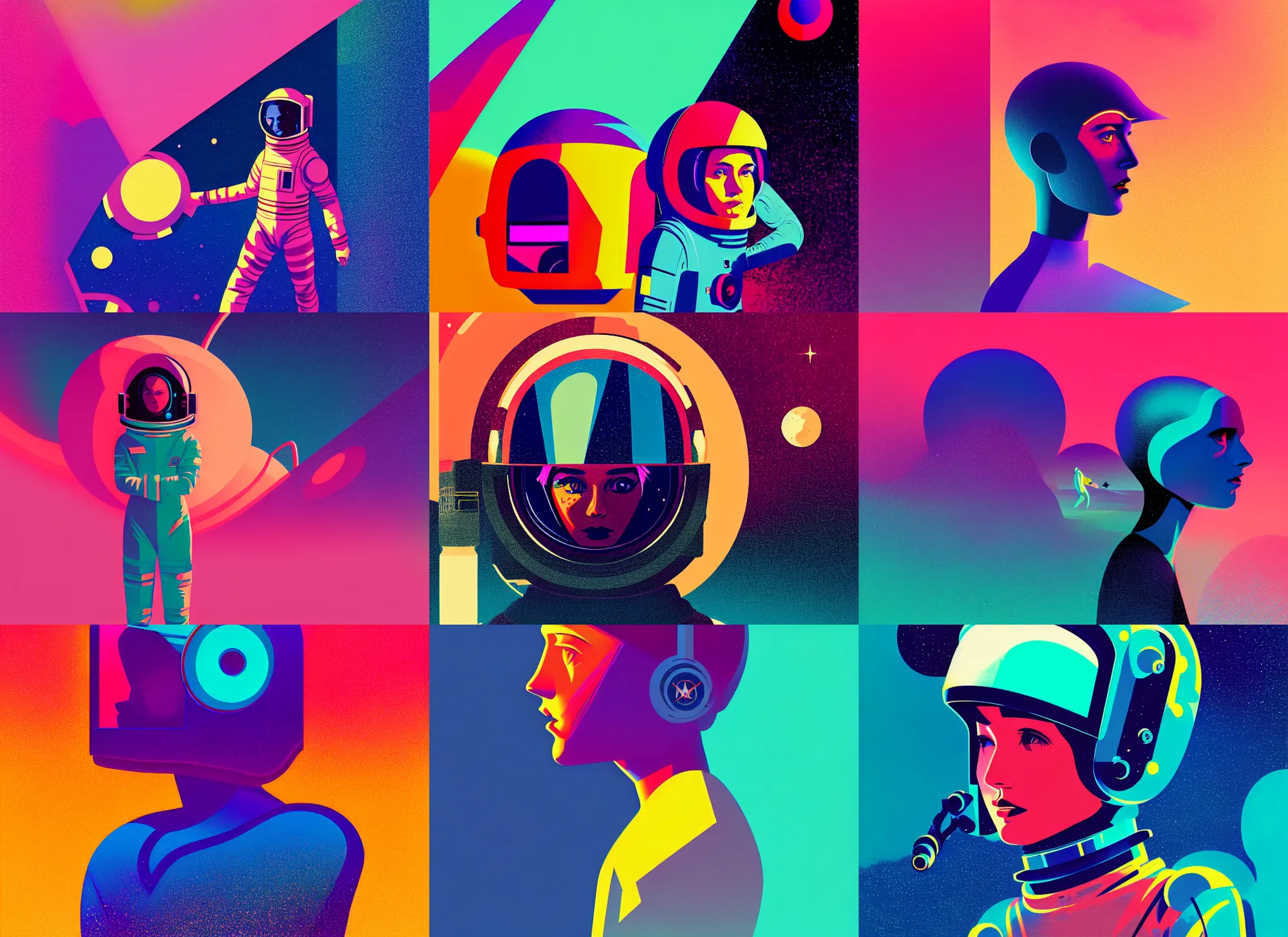 Prompt: ( ( strong dither ) ), editorial illustration of a young astronaut girl, colorful, modern art deco, mads berg, christopher balaskas, victo ngai, strong texture, dynamic composition, detailed, dramatic lighting, matte print, dynamic perspective, muted color, lomography, muted colors, halftone, risograph