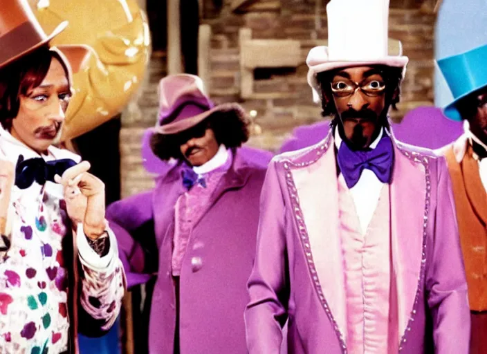 Prompt: film still of Snoop Dogg as Willy Wonka in Willy Wonka and the Chocolate Factory 1971