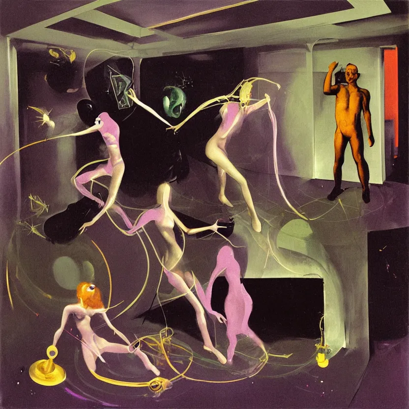 Image similar to Man and woman start to bounce in a living room of a house, floating dark energy surrounds the middle of the room. There is one living room plant to the side of the room, surrounded by a background of dark cyber mystic alchemical transmutation heavenless realm, cover artwork by francis bacon and Jenny seville, midnight hour, part by adrian ghenie, part by jeffrey smith, part by josan gonzales, part by norman rockwell, part by phil hale, part by kim dorland, artstation, highly detailed