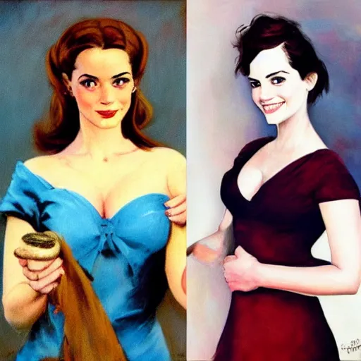 Image similar to frank frazetta painting of christina hendricks and emma watson