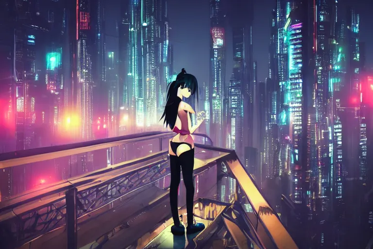 Prompt: a beautiful picture of anime girl standing on top of a bridge over a city at night, cyberpunk art