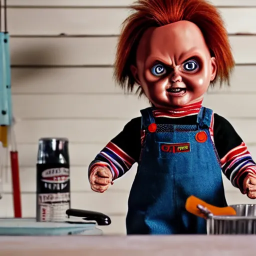 Image similar to chucky the killer doll standing on a work bench table