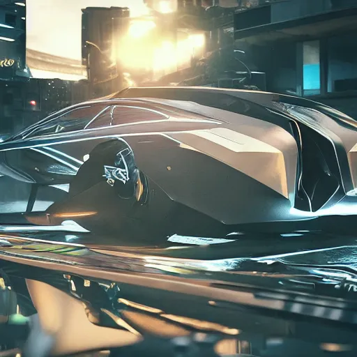 Image similar to car : motherboard forms designed by zaha hadid, sci-fi futuristic ultra realistic photography, keyshot render, octane render, unreal engine 5 lumen, high oiled liquid glossy specularity reflections, ultra detailed, golden hour, dramatic lighting 4k, 8k, 16k in the style ofblade runner 2049 Cyberpunk 2077 ghost in the shell thor 2 marvel film : tilt shift: sharp focus