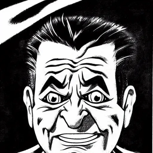 Image similar to simple caricature drawing of angry Joe Pesci, black and white manga panel, expressive, art by Nobuyuki Fukumoto