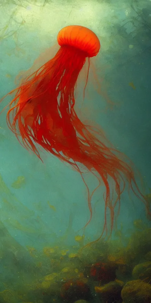 Image similar to a beautiful red jellyfish in an underwater kelp forest, painted by ilya repin, trending on artstation