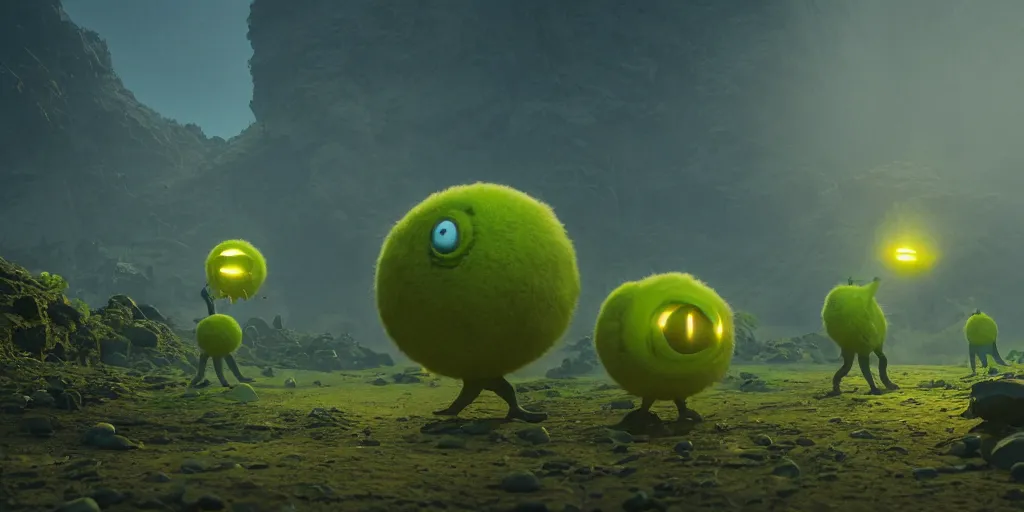 Image similar to a cinematic poster photo of 8 k ultra realistic tennis ball monsters, exotic, cinematic lighting, trending on artstation, 4 k, hyperrealistic, focused, high details, unreal engine 5, cinematic, alien planet atmosphere in background, 3 d render by beeple