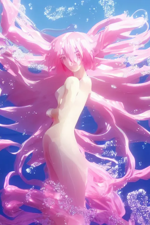 Prompt: 3D CG anime Land of the Lustrous Houseki no Kuni character Ventricosus translucent very light pink jelly woman with thick chest size and pink transparent bouffont dress frills hair in a bun standing at the bottom of the ocean near the surface, sun rays shine through the water, facing the camera, beautiful composition, 3D render, cel shaded, 8k, key visual, made by Haruko Ichikawa, Makoto Shinkai, studio Ghibli, Kyoto Animation