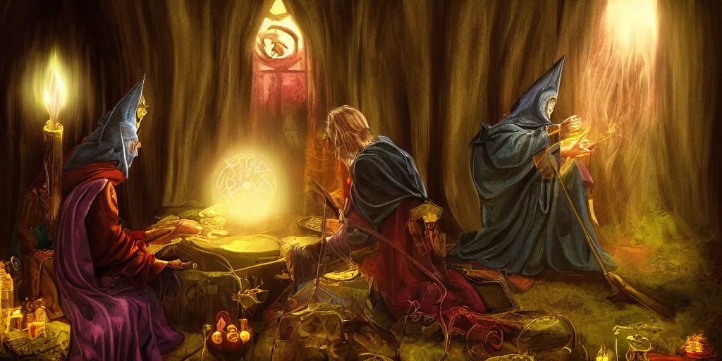 Image similar to wizard performing a tarot reading, cards, fantasy, digital art, soft lighting, 8 k