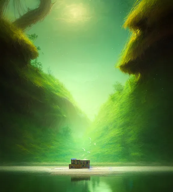 Prompt: cardboard box floating down a river, cinematic, foam, elegant, green river banks, highly detailed, psychedelic, digital painting, artstation, smooth, hard focus, illustration, art by jessica rossier and and brian froud