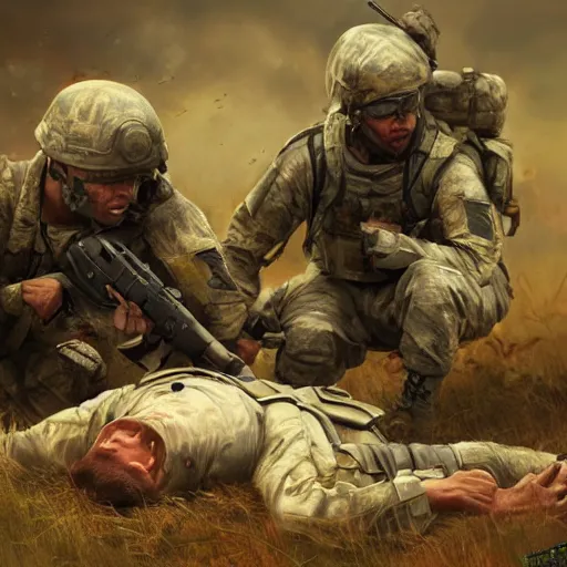 Prompt: an injured soldier dying in a battle field, realism, trending on Artstation