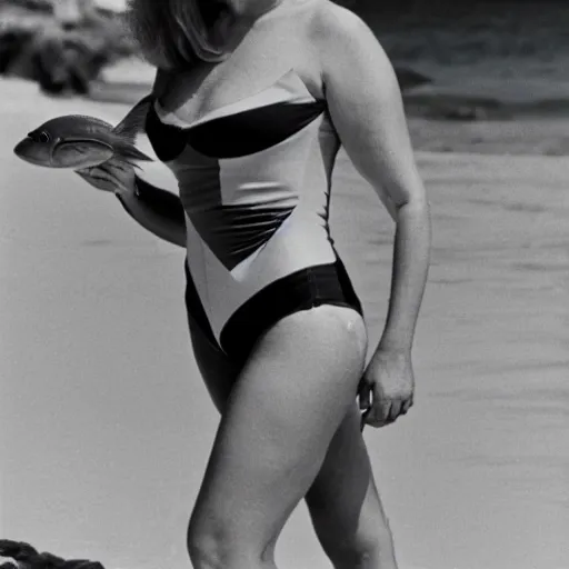 Image similar to 1981 woman on tv show wearing a happy squishy inflatable prosthetic mask, soft color wearing a swimsuit at the beach 1981 color film 16mm holding a an inflatable fish Fellini John Waters Russ Meyer Doris Wishman old photo