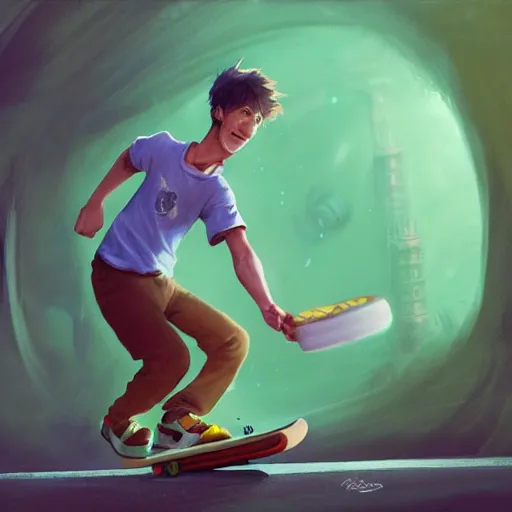 Image similar to highly detailed vfx character of a skateboarding tennis ball monster, skateboard stephen bliss, chalk, unrealengine, greg rutkowski, loish, rhads, beeple, chalk, makoto shinkai and lois van baarle, ilya kuvshinov, rossdraws, tom bagshaw, basil gogos