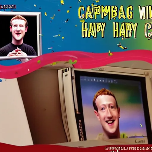 Image similar to mark zuckerberg is inside a computer monitor, wishing handsome bearded man happy birthday, confetti, cake, balloons, the words happy birthday wilson